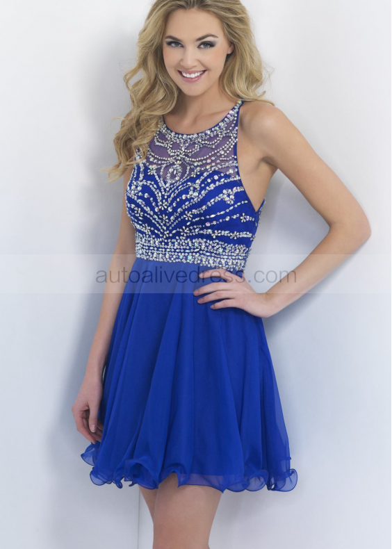 Chiffon Beaded Halter Cross Sexy Back Knee Length Prom Dress 